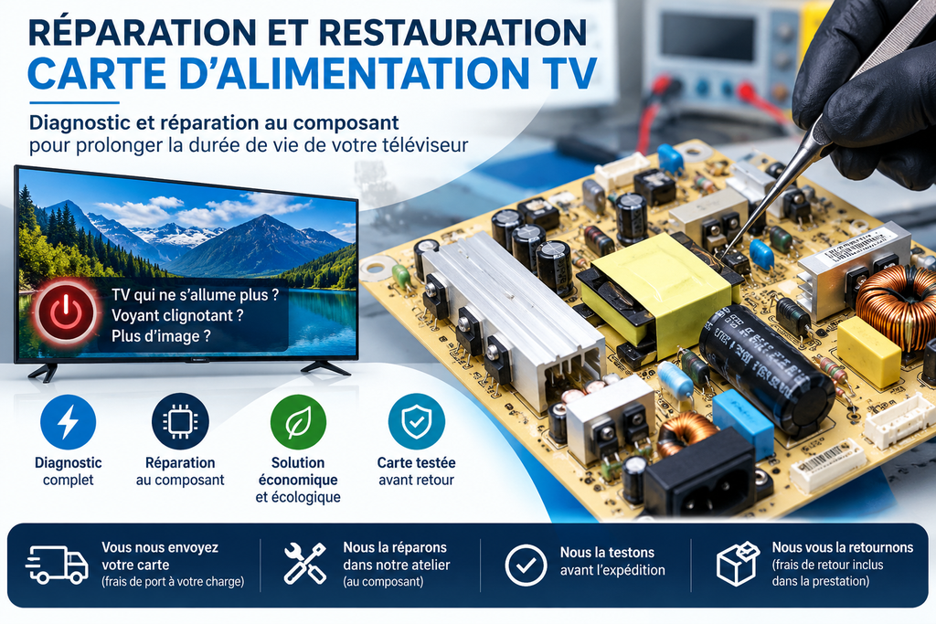 Service réparation restauration dépannage carte électronique alimentation de télévision Tv Télé, ELECTRONIQUE 66 Pyrénées Orientales