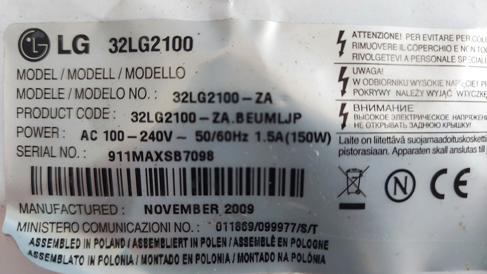 LG 32LG2100 CARTE BOUTON OFF TESTE AVANT DEMONTAGE