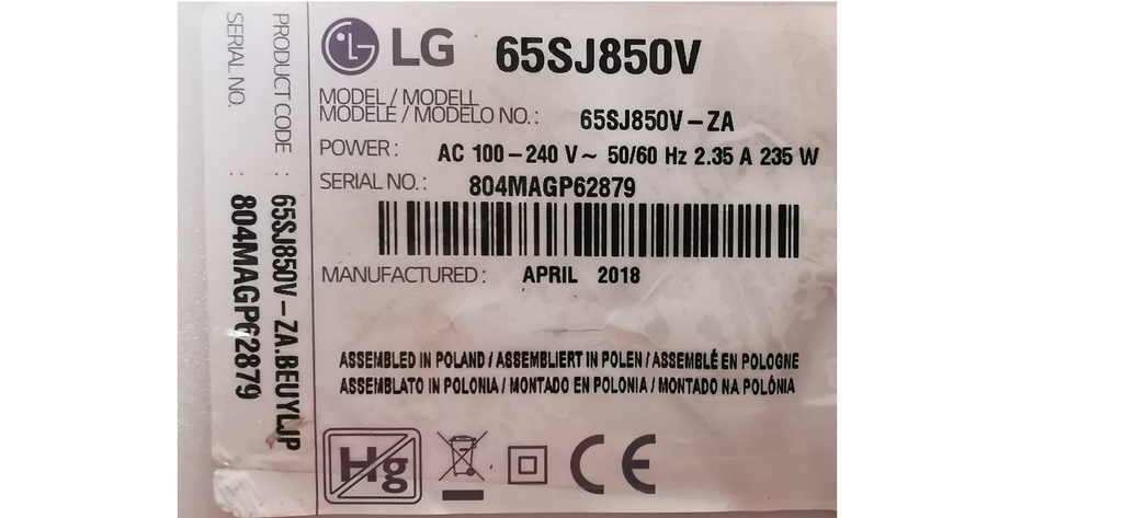 LG 65SJ850V CARTE ALIMENTATION EAX67165801 1.6 REV1.0